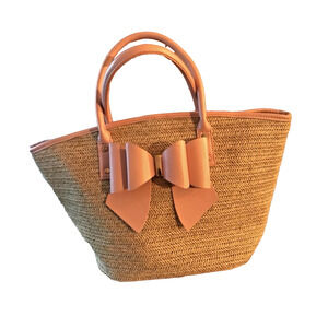 LIKE DREAMS Pastel Pink Bow Woven Polka Dot Handbag Cottage Core Romantic Boho